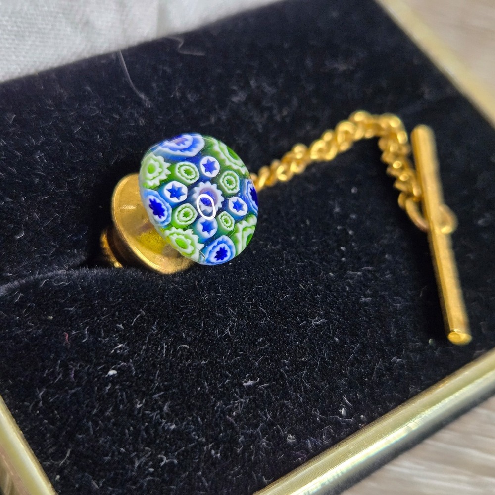 Vintage Millefiori Glass Mosaic Tie Tack Gold Tone Guard Chain Pin